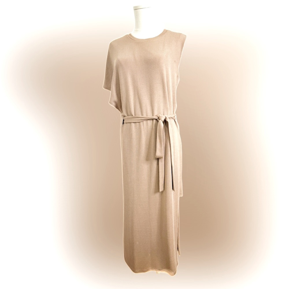 Rachel Comey Tan Ribbed Tie Front Single Dolman Sleeve Sheath Dress Sz 8
